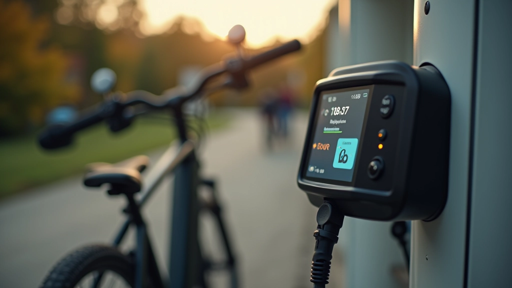 E-velosipēda akumulators uzlādes stacijā ar indikatoru gaismām