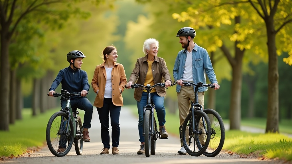 Draudzīgs ģimenes grupas portretu ar e-velosipēdiem parkā
