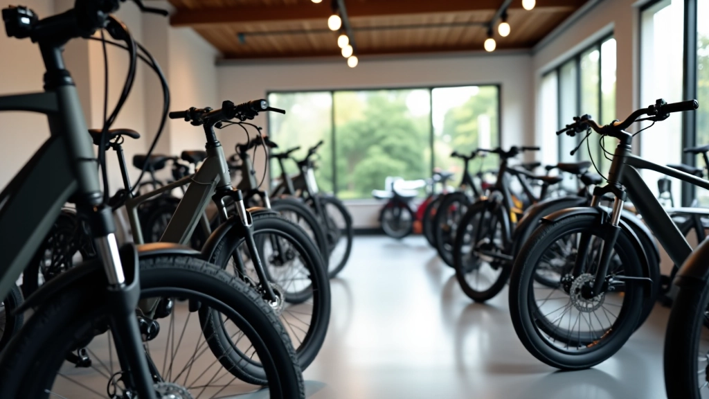 E-velosipēds piegādātāja izstādes telpā ar dažādiem modeļiem un krāsām