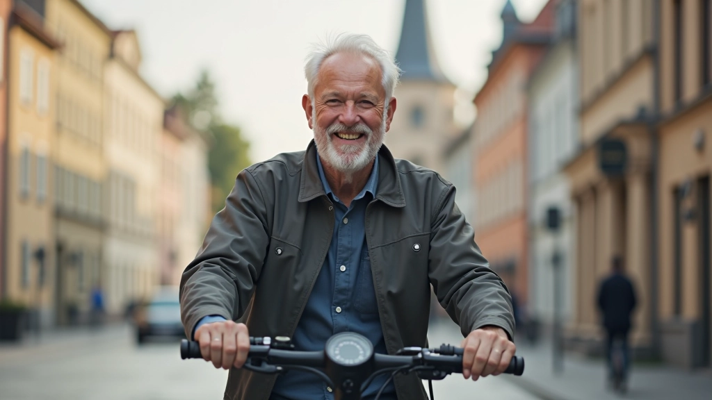 Seniora portrets smaidam uz e-velosipēda ar pilsētas fonu