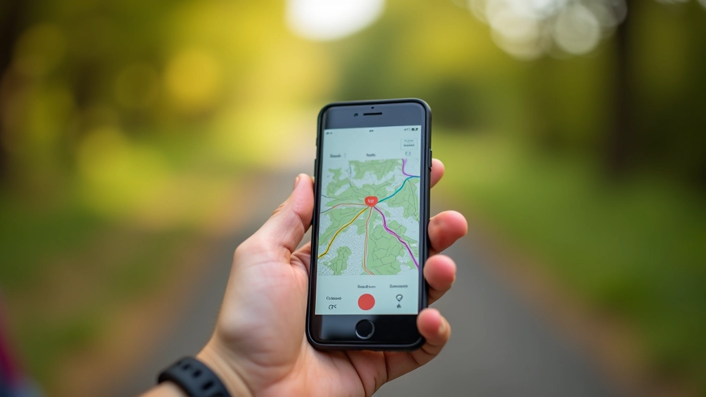 Tuvplāns: vīrs skaita augstuma profilu uz mobilā tālruņa ekrāna ar Komoot aplikāciju, balta fona attēlā