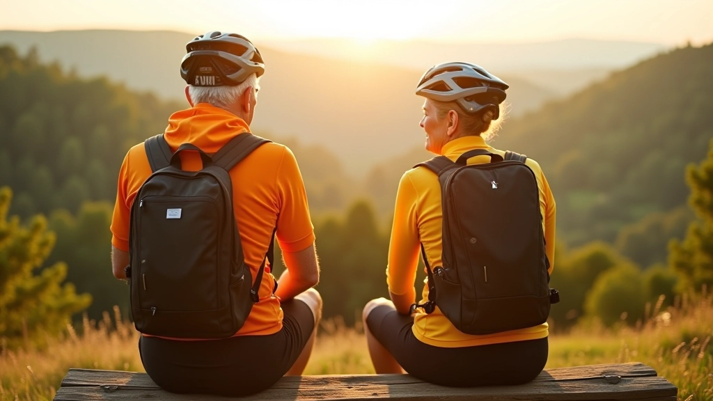 Divi braucēji ar e-velosipēdiem, sēžot uz koka soliņa meža pazemnes virsotnē, skatiens uz ieleju, draudzīga dūma